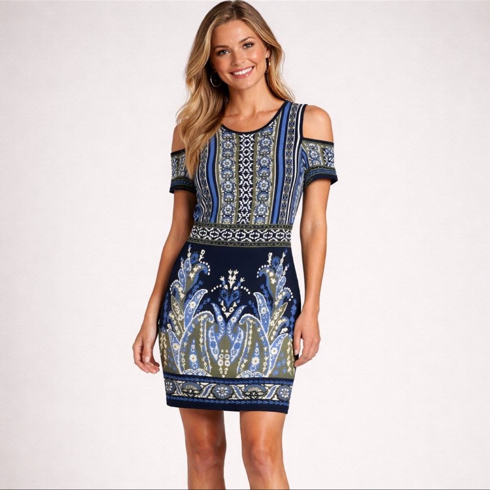 Chelsea & Violet Coastal BlueTribal Print Cold Shoulder Knit Sheath Dress Artsy